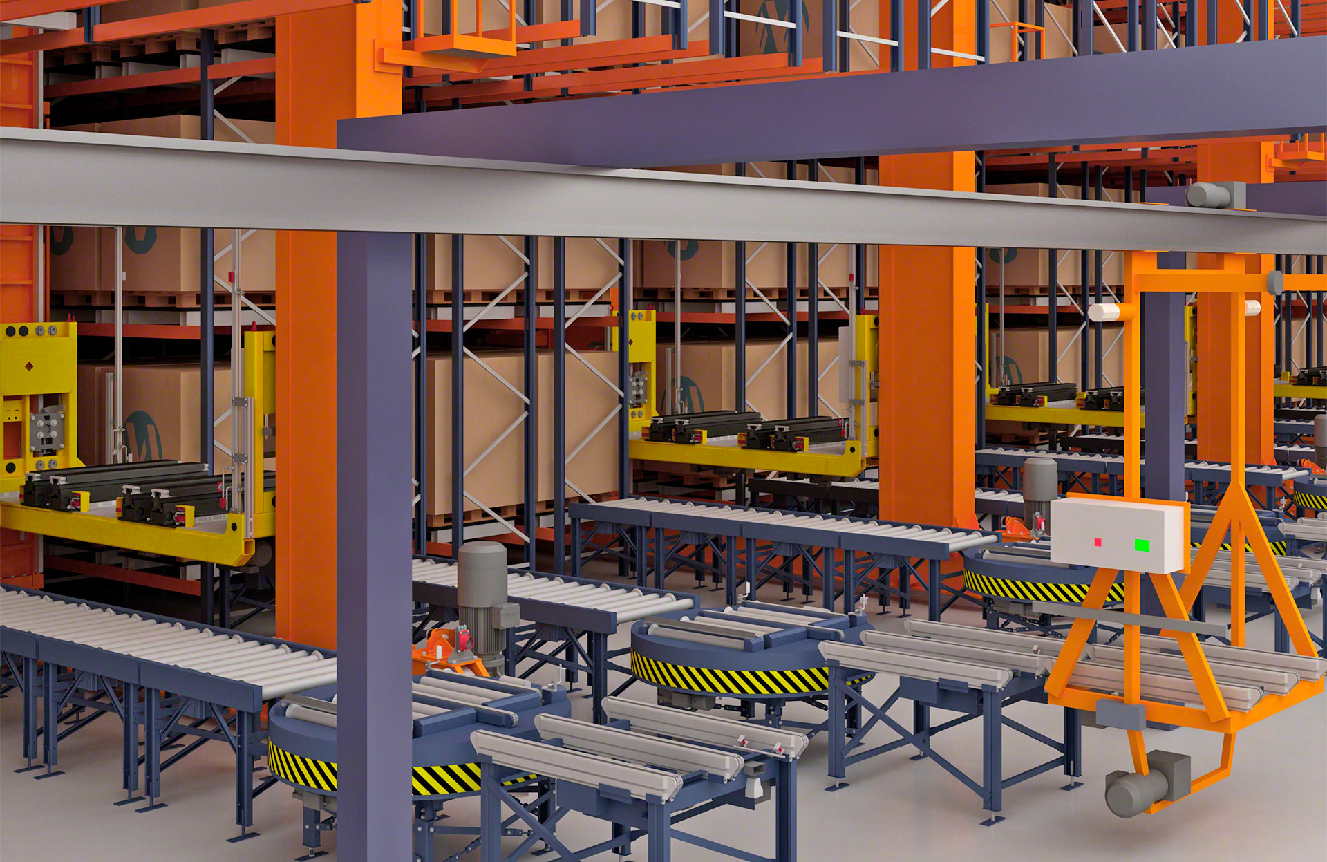 Trolleys use an on-board conveyor to transfer pallets at loading and unloading stations