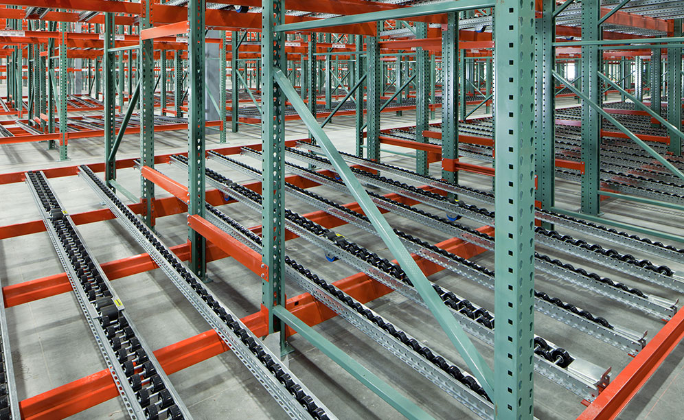 A slight incline eases the gravity flow of pallets