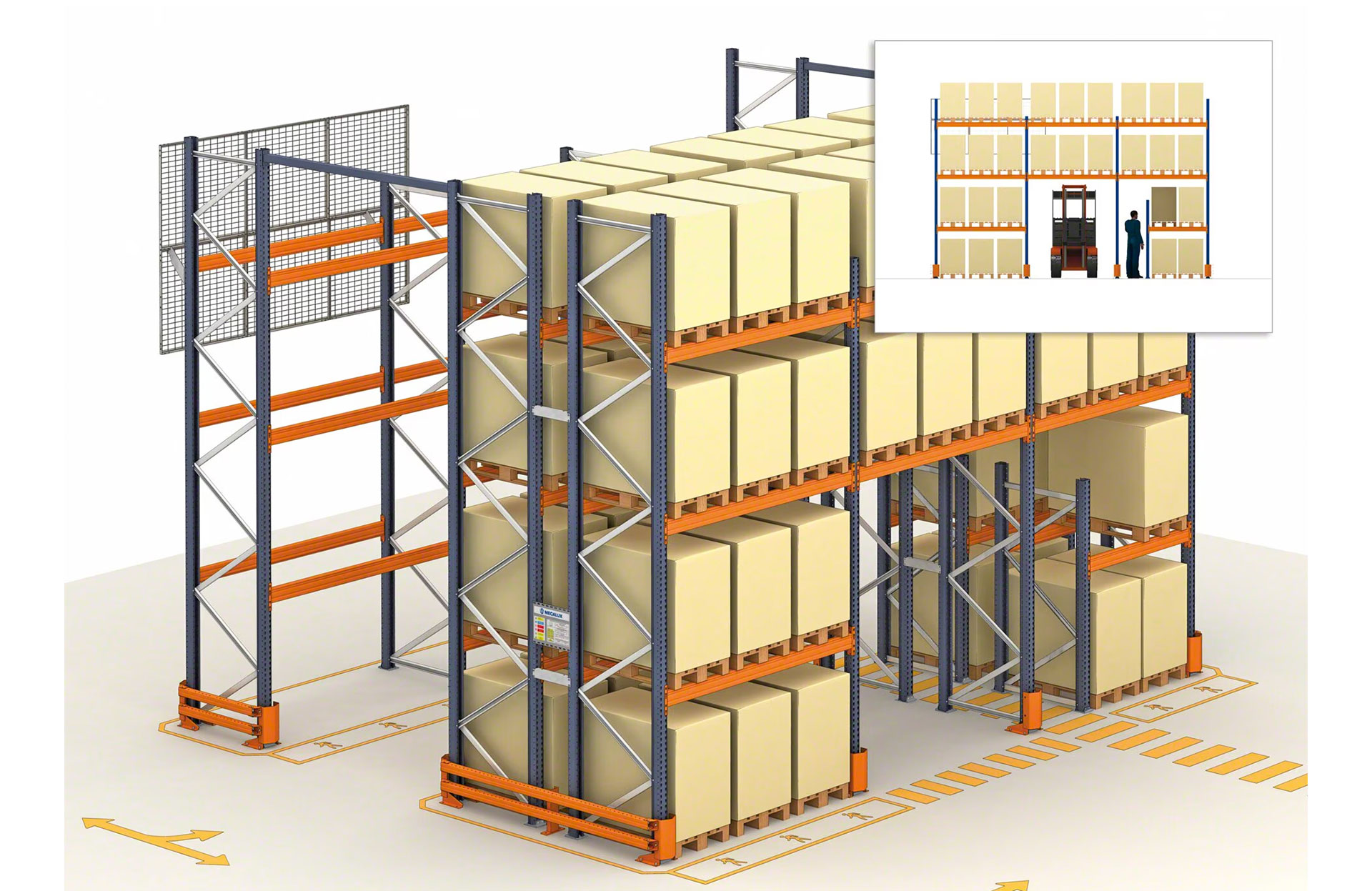 Safety passageways allow for operator and forklift traffic under the pallet racking