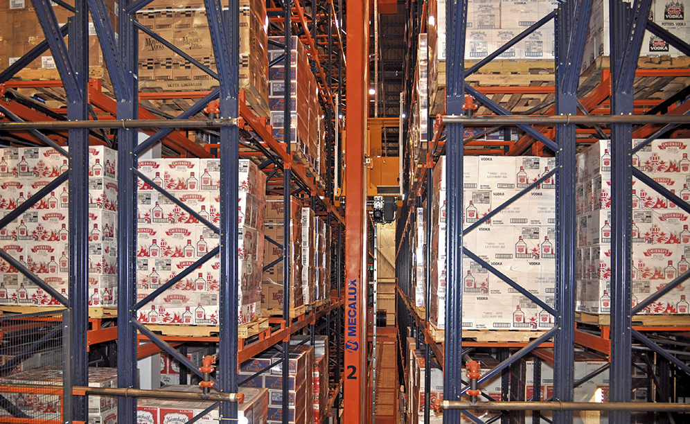 Servicing each lane of the system is a high-speed, double-mast, double-deep stacker crane